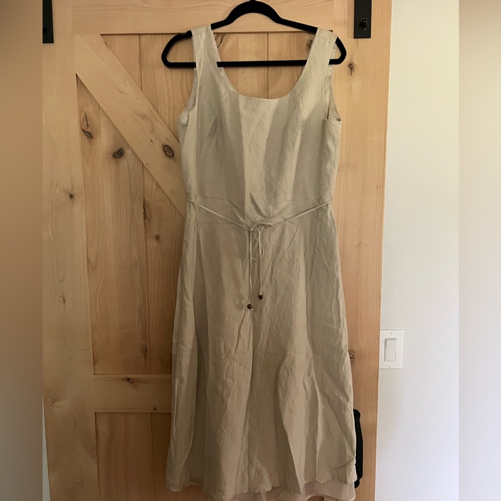 Vintage linen blend tan dress, size petite 14
